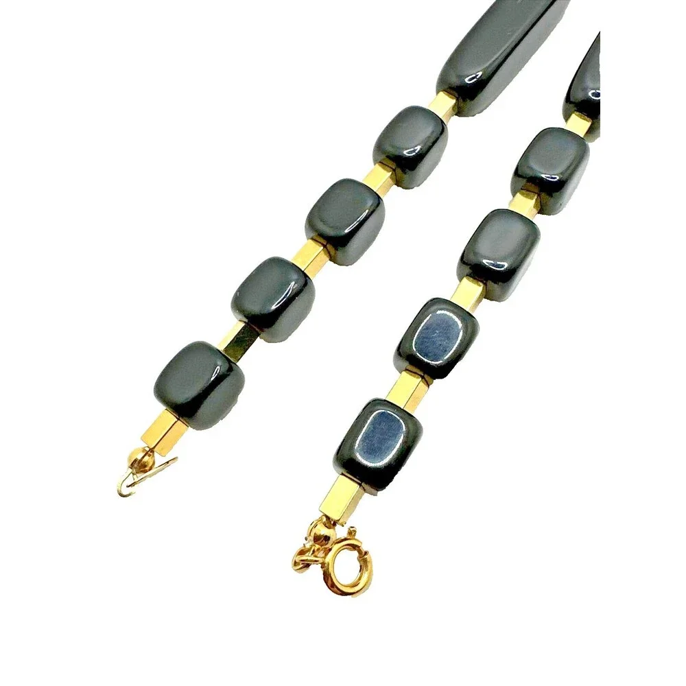 Vintage Trifari Black Lucite Necklace Long Bead Gold Tone Accent Statement 30